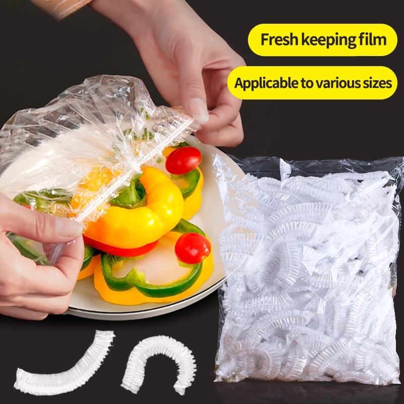 100pcs Plastik Pembungkus Makanan Buah Sayuran Elastis Sekali Pakai Untuk Dapur