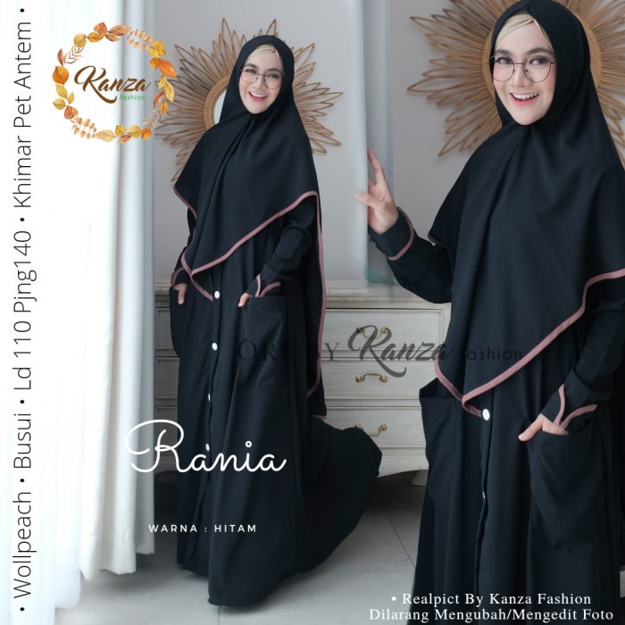 gamis set khimar rania syar'i wofis premium polos busui ori kanza - Hitam