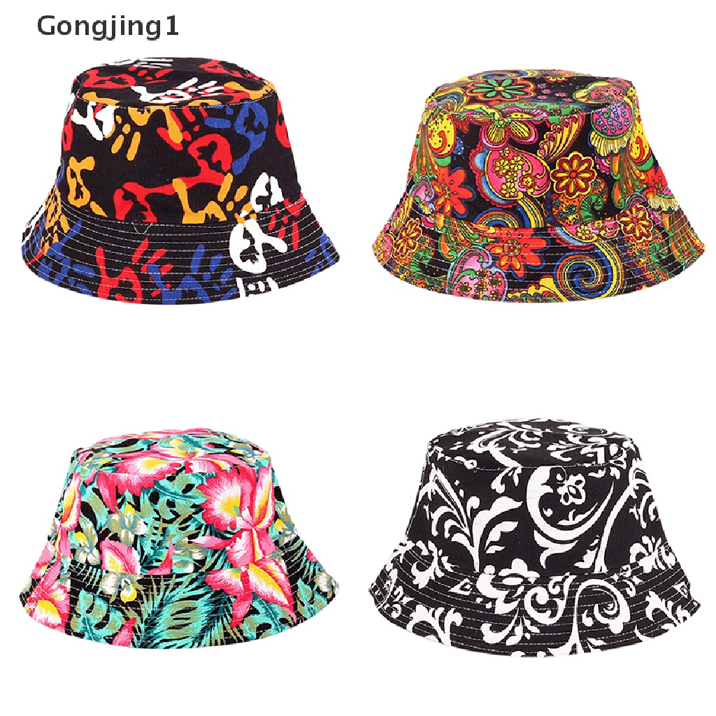 Gongjing1 Topi Bucket Pria / Wanita Motif Bunga Untuk Hunting / Memancing / Outdoor