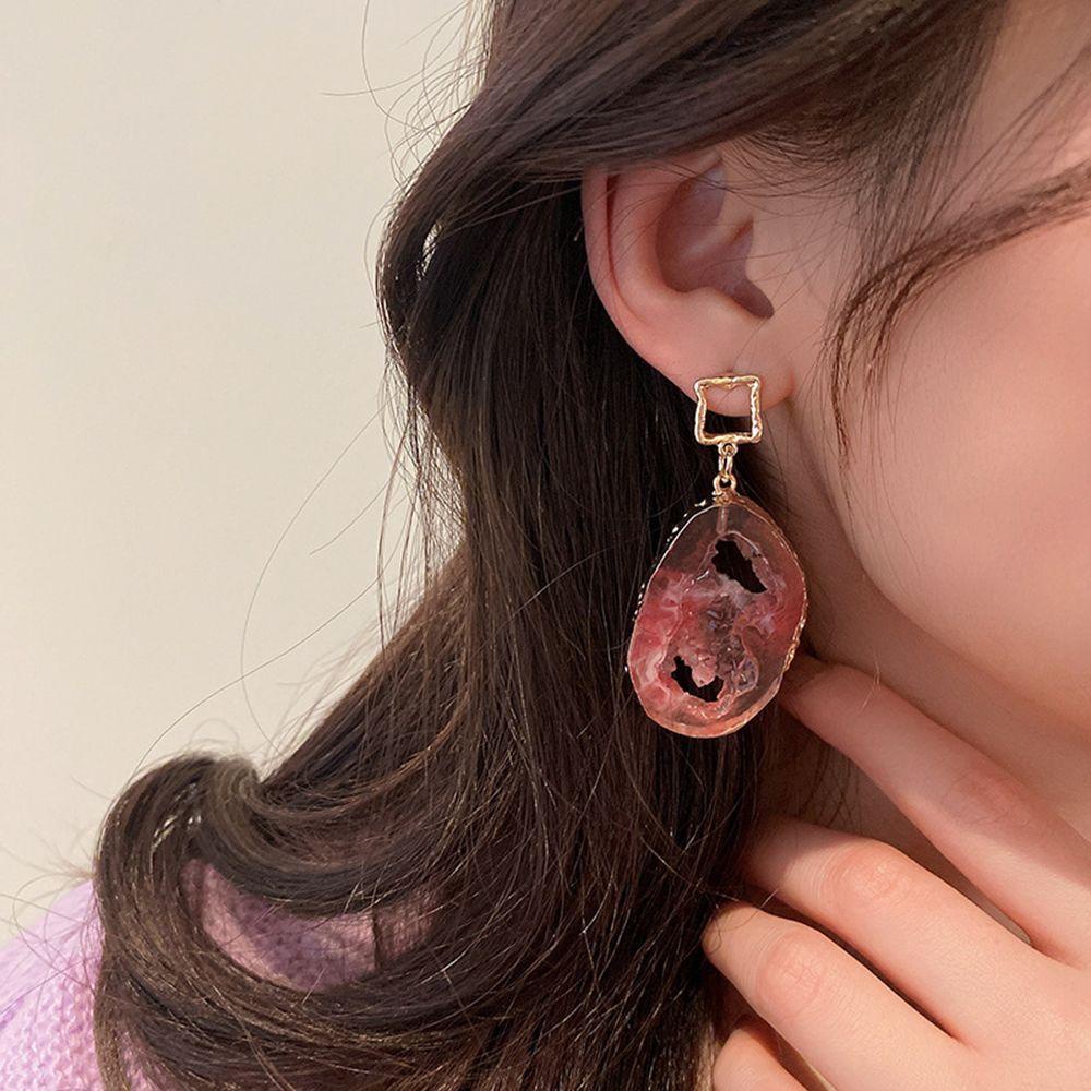 Mxbeauty Resin Batu Anting Elegan Tidak Teratur Geometris Merah Muda Tetesan Air Wanita Gadis Paduan Drop Anting-Anting Gaya Korea Anting-Anting