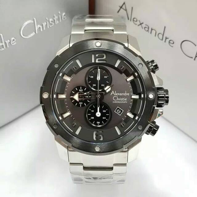 Jam Tangan Pria Original Alexandre Christie Rantai AC 6141 Silver Black Original Best Seller AC6410