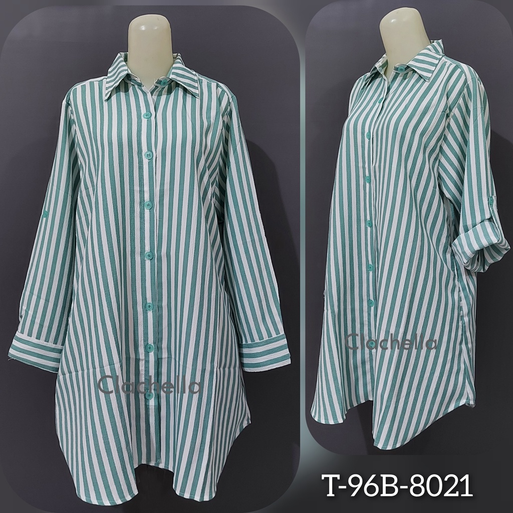 Clachella Baju Tunik Kemeja Crincle Motif Salur, Baju Atasan Wanita T96B8021