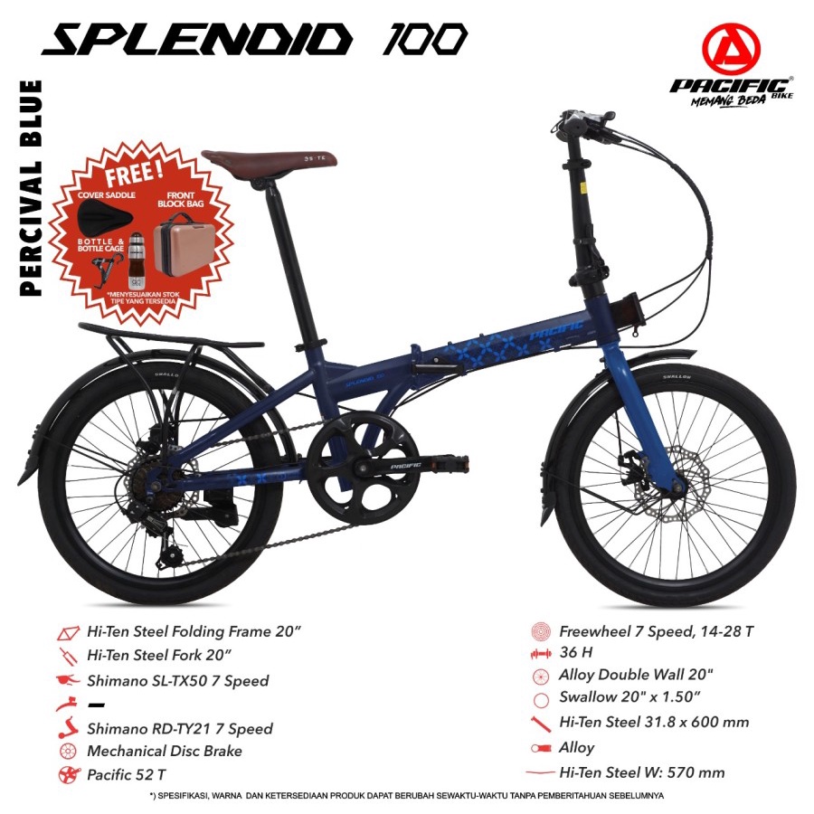 SEPEDA LIPAT PACIFIC SPLENDID 100 20” FRAME STEEL 7 SPEED SHIMANO SL-TX50 BICYCLE FOLDING BIKE