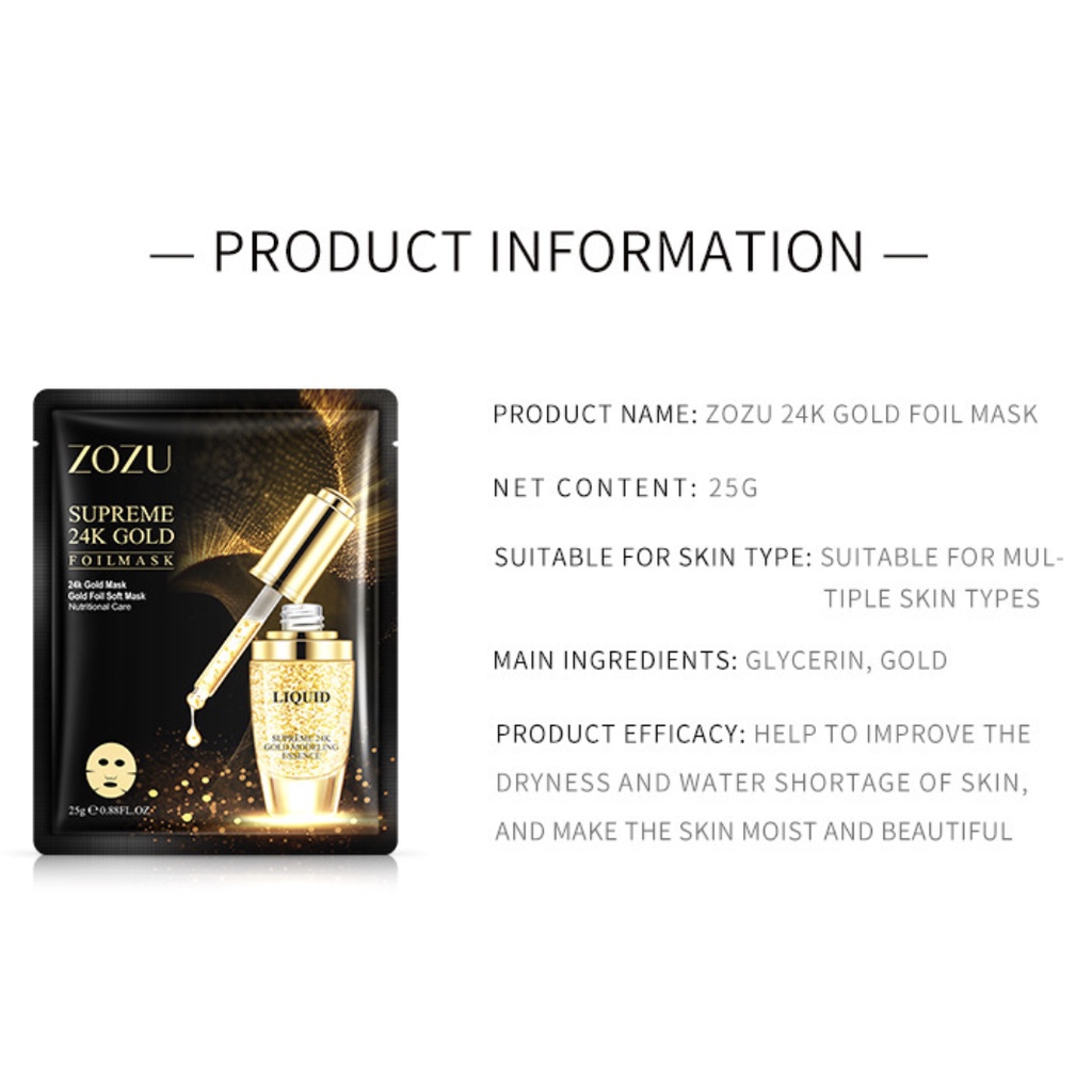 Zozu Supreme 24K Gold Foil Sheet Mask Moisten Hyaluronic Masker Emas Premium Original ZO001