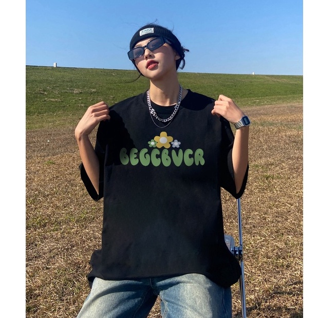 kaos wanita atasan Korean Style oversize kaos hitam Printed t shirt lengan pendek retro loose tee