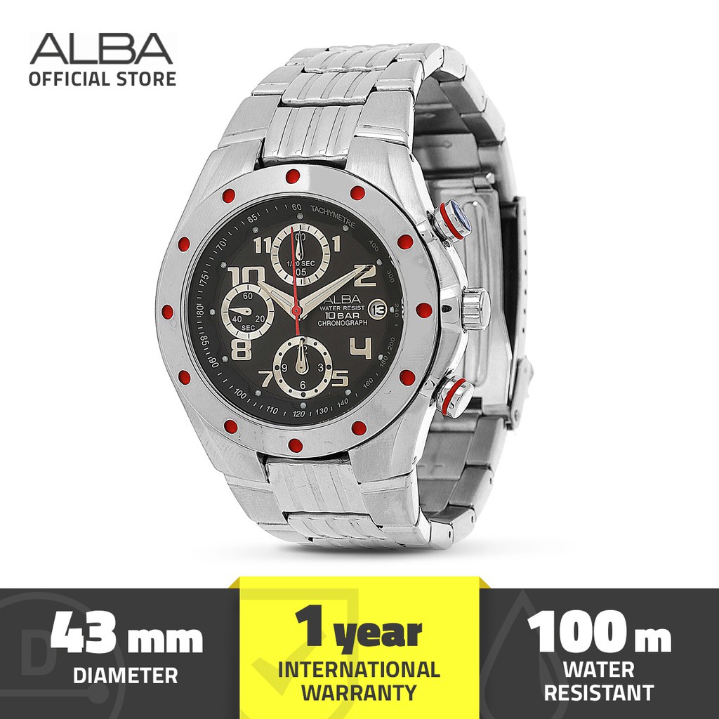 Alba Active Jam Tangan Pria Chronograph AF8F51 / AF8F51X1 Quartz Black Dial Stainless Steel Strap Wa