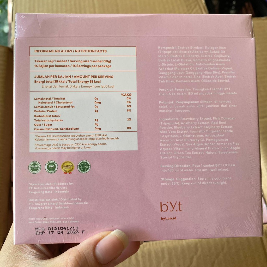 BYT COLLA 1 Box 16 Sachet Collagen Tripeptide Gluthatione Byoote B.Y.T HALAL BPOM