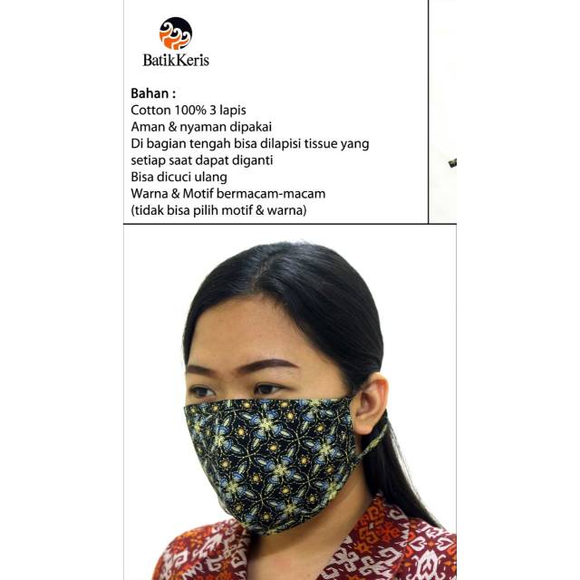 Masker kain Batik Keris asli 3 ply bisa isi tisu