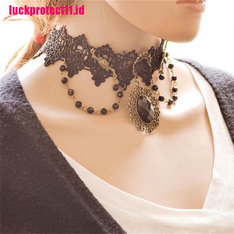 (LUCK) Kalung Choker Lace Motif Bunga Mawar Hitam Ala Lolita / Gothic Untuk Wanita