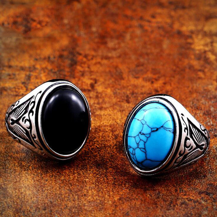 Cincin Onyx Hitam Pirus Bahan Stainless Steel Perak Gaya Punk Untuk Pria