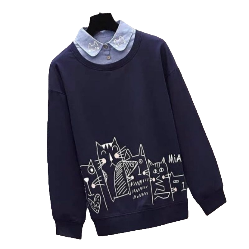 Sweater Wanita Motif Miauw Bahan Fleece