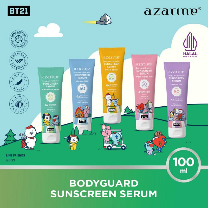 Body Bodi Serum Sunscren Sunskrin Sunscreen Azarine x Bt21 Mosturezer Mousterezer Moisturezer Spf 50