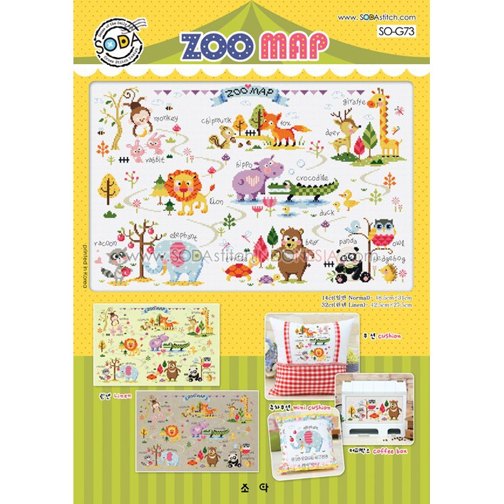 Paket DIY Craft Sulam Kristik Strimin Cross Stitch Sodastitch SO-G73 - Zoo Map Hewan Animal Binatang