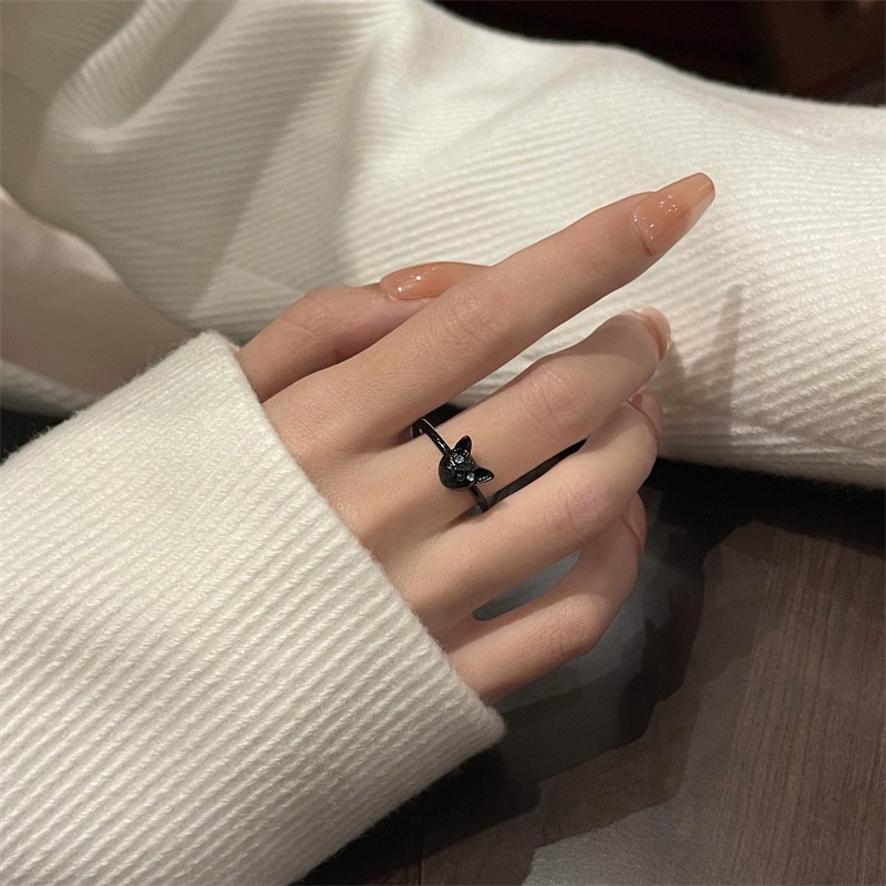Cincin Jari Telunjuk Desain Kartun Kucing Hitam Untuk Wanita