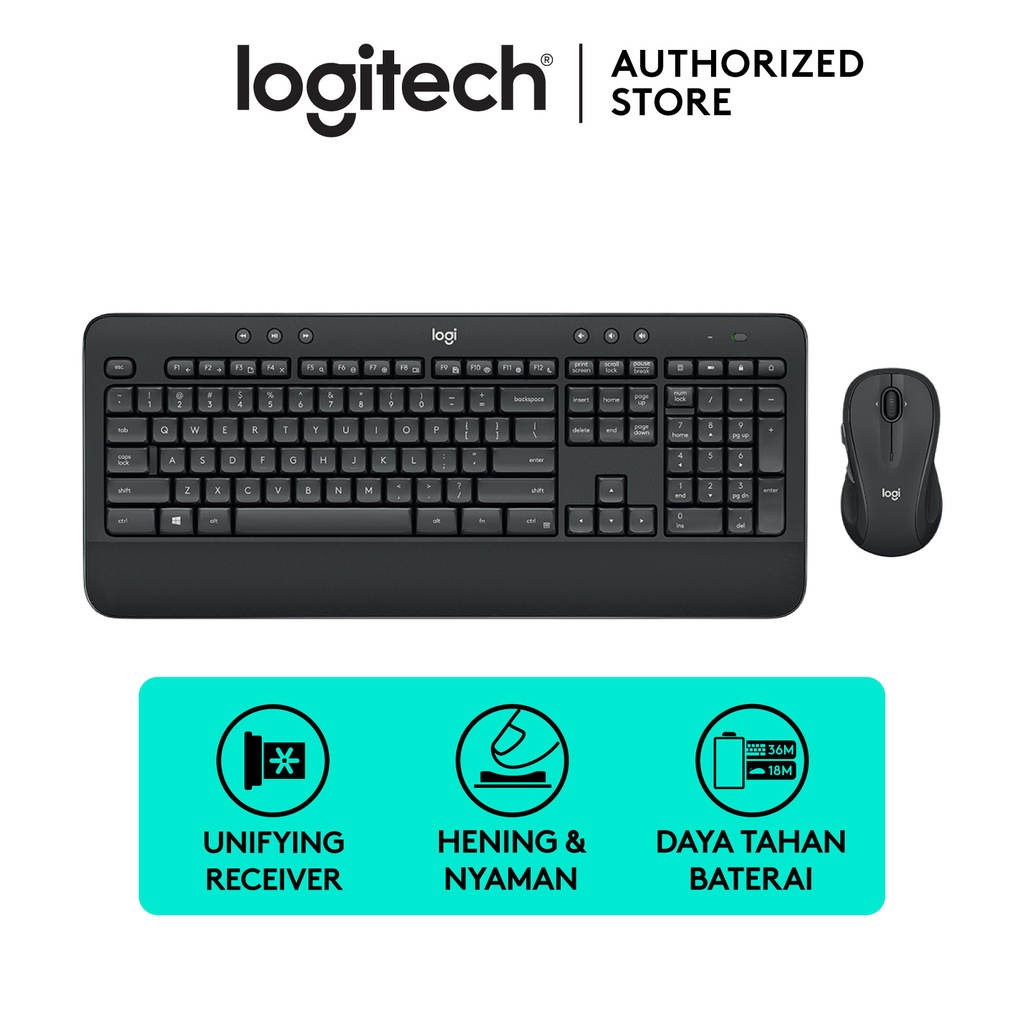 Logitech MK540 Advanced Wireless Keyboard dan Mouse Combo untuk Windows, 2.4 GHz Unifying USB-Receiver, Multimedia Hotkeys, Daya Tahan Baterai hingga 3 Tahun untuk PC, Laptop