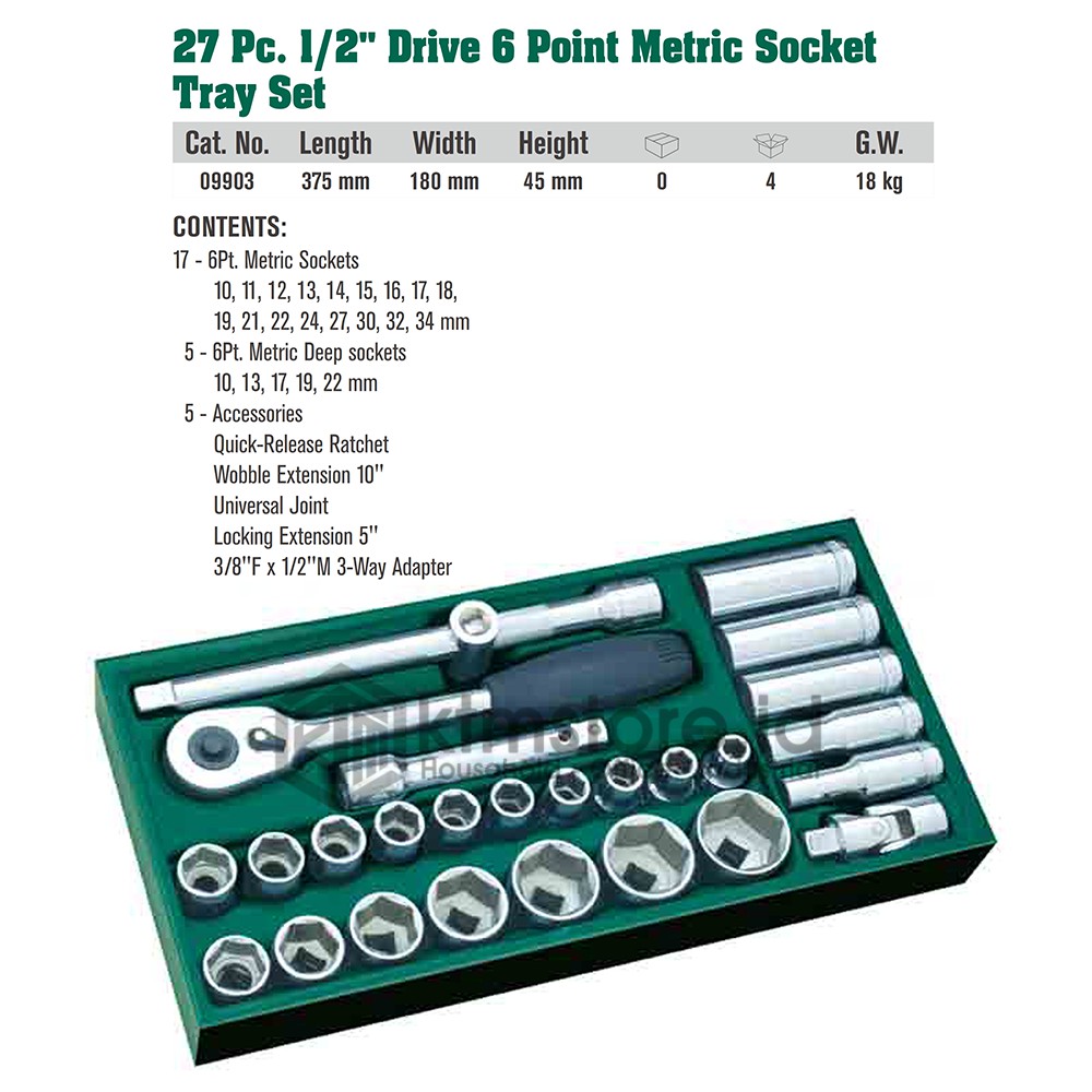 SATA Kunci Socket Set 27 pcs 1/2 INCH Metric 6pt Tray Set 09903