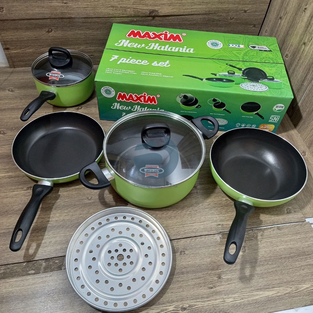 MAXIM New Halania 7 Pcs Set Panci Wajan Penggorengan Wok Teflon Anti Lengket + Sarangan + Tutup Kaca