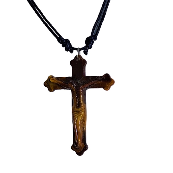 Kalung Salib Yesus 2 Sisi Tali Kulit Hitam Bahan Resin Aksesoris Fashion Cewek Cowok Kekinian Rohani Katolik