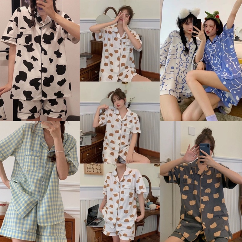 Baju Tidur Wanita Dewasa Kekinian/ Piyama Korea Premium/ Pakaian Wanita Baju Tidur Wanita Piyama Lengan Pendek Import Motif Kartun Fit to XXL