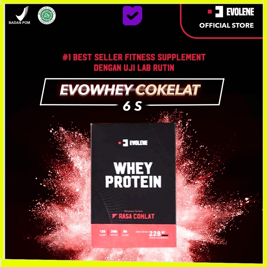 Evolene Whey Protein Cokelat 6 Sachet - Susu Protein Workout BPOM HALAL EVOLINE EVOLIN EVOLEN