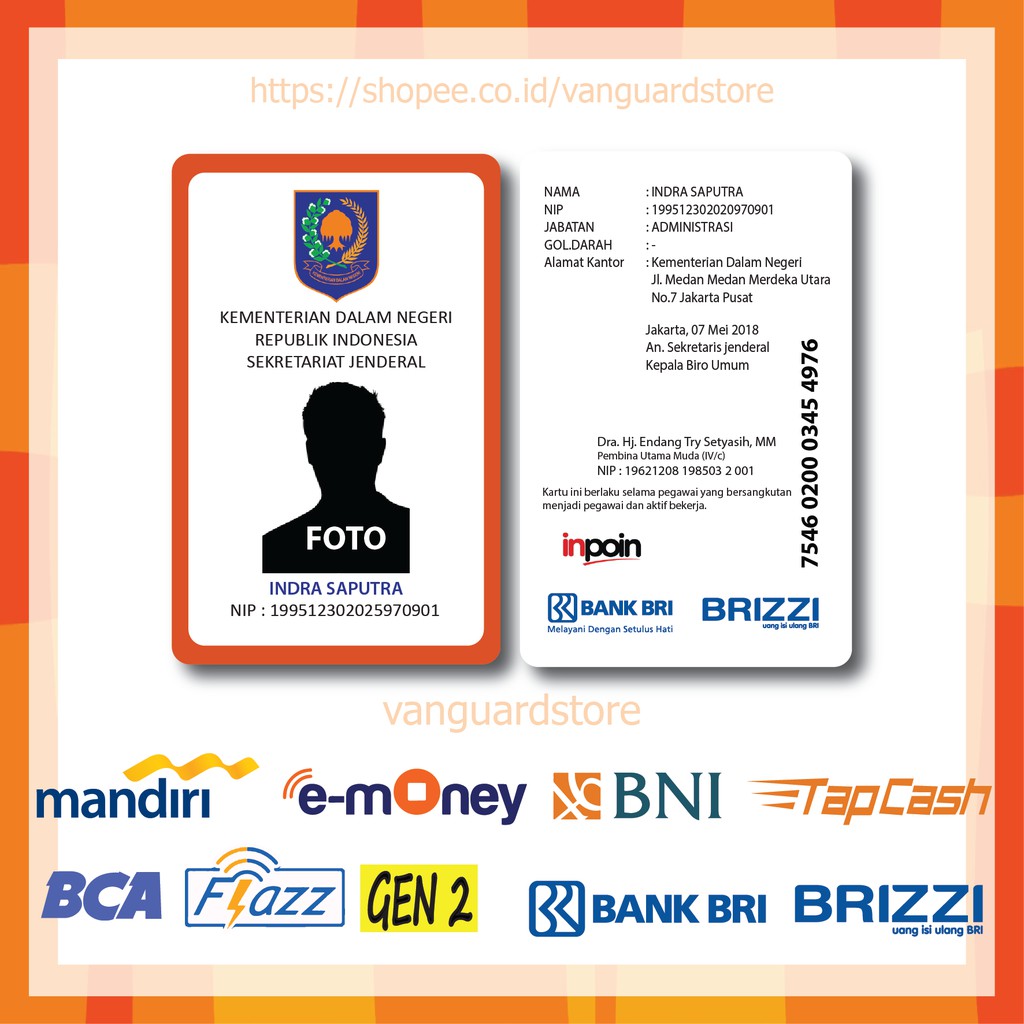 KARTU E MONEY E TOLL KARTU KEMENDAGRI BRI ID CARD 6 EMONEY MANDIRI FLAZZ BCA TAPCASH BRIZZI-2 SISI