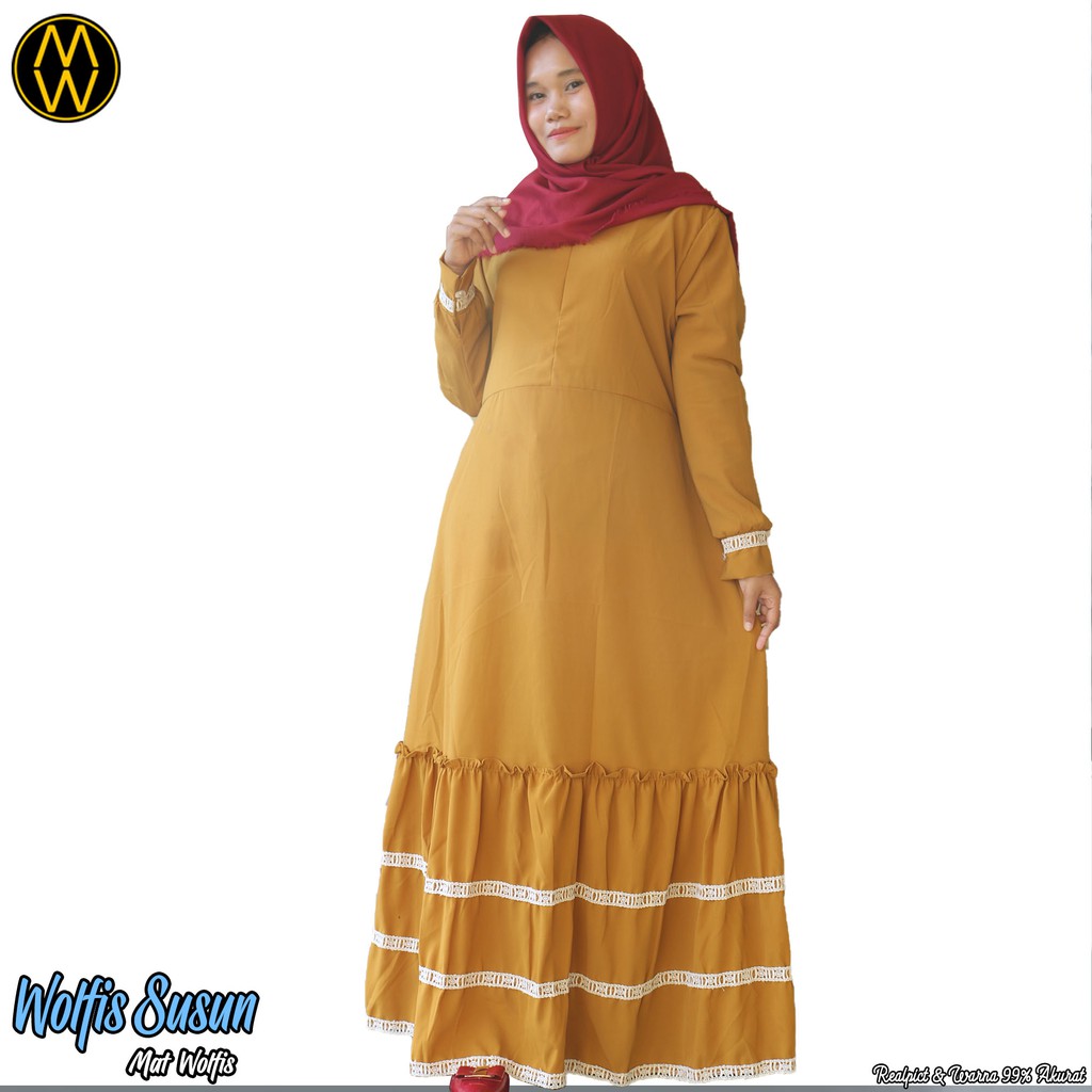 busanasyari / gamis wolfis susun / gamis renda / gamis lengan kerut / gamis busui / gamis muslimah