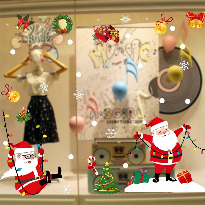 [ Self Adhesive Santa Claus Glass Static Sticker Decoration for Home Living Room Bedroom  New Year Xmas ]