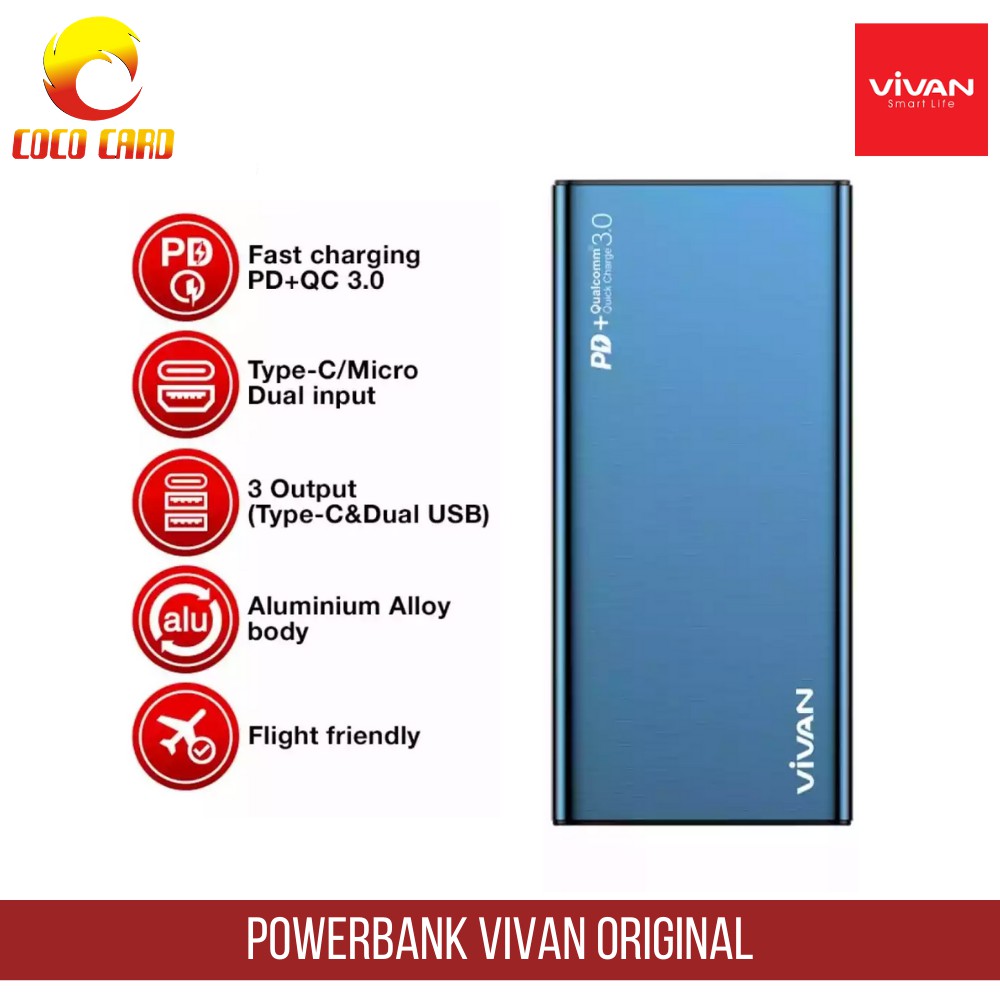 POWERBANK VIVAN 10000 MAH VPB-F10S - DUAL USB & TYPE-C - 3A VIVAN QUICK CHARGE