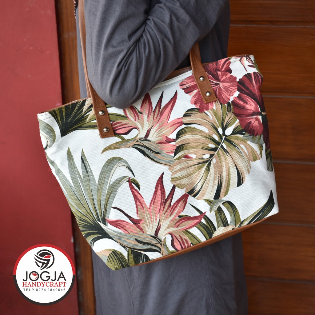 Twill Canvas Bunga Tote Bag / Tas Bahu Pundak Shoulder Wanita