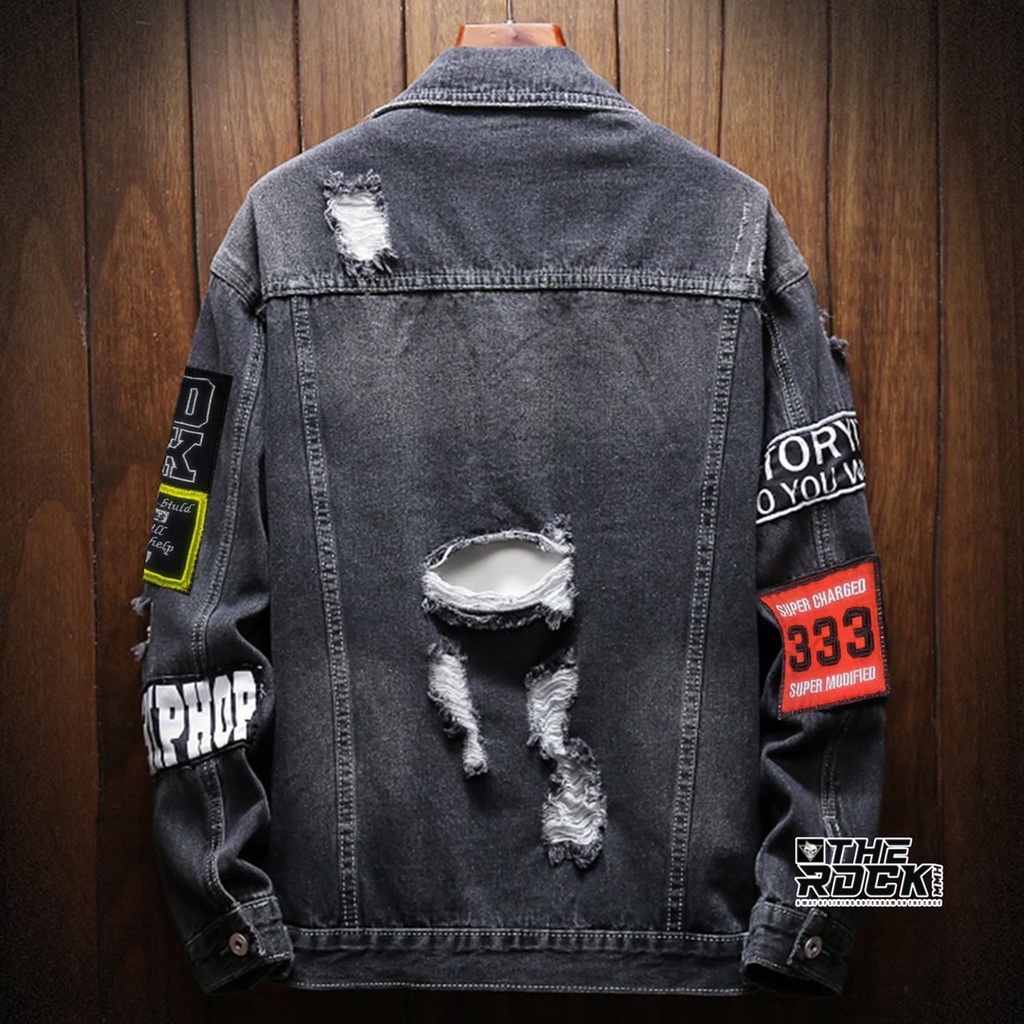 Jaket Jeans Pria Terbaru Morif Emblem Dan Sobek-Sobek/ Jaket Jeans Cowo Keren/ Jaket Jeans Pria The Rock Sobek