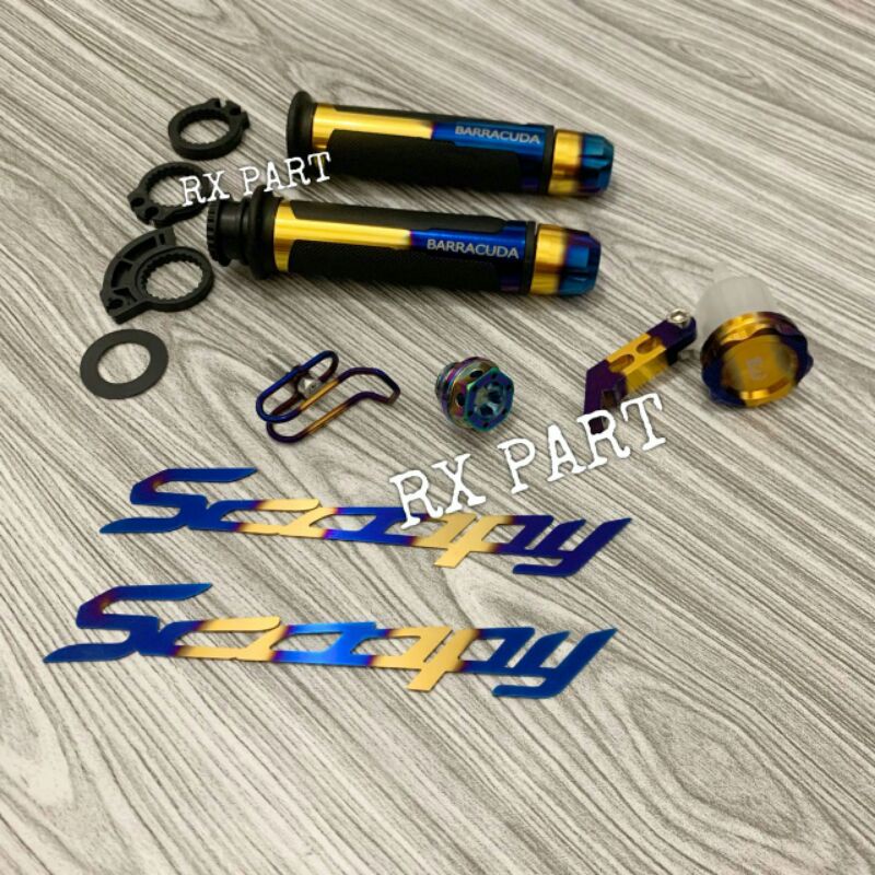Grip barracuda+Emblem cnc+Gantungan Barang+Tutup oli mesin+Tabung minyak rem 2Tone motor SCOOPY