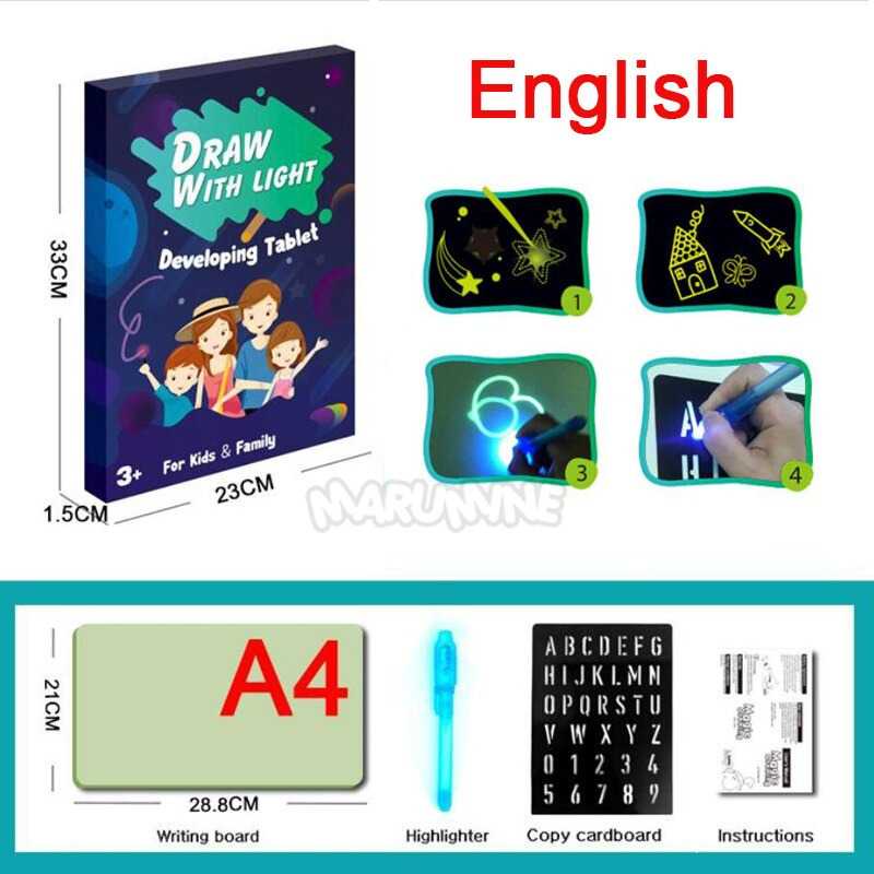 Menggambar dengan Cahaya, Papan gambar Cahaya, Tablet Gambar, MARUMINE Mainan Edukasi Menggambar Ajaib Magic Luminous A4 - F66-A4L Big Size Illuminate Light Drawing Board In Dark Kids Paint Toy DIY Educaitonal 2020 Children Toys Draw with Light
