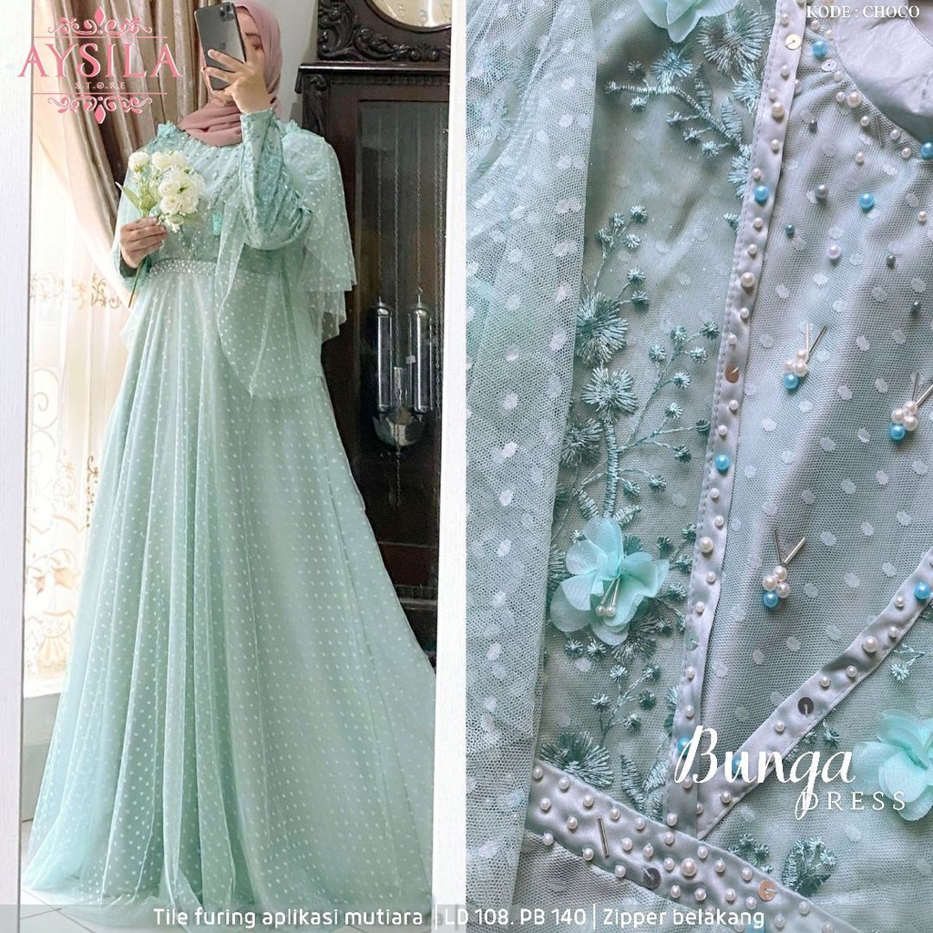 ❤️ BUNGA DRESS Ld 108cm Bahan Tile puring aplikasi mutiara