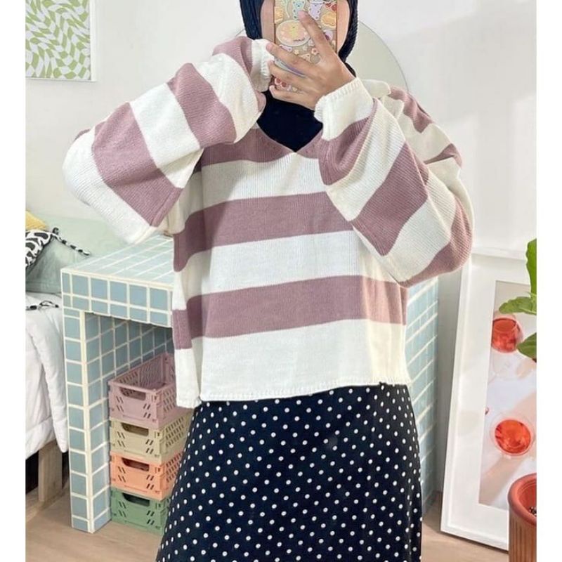 Crop Top Oversize Strip Blaster / Blouse Rajut Premium