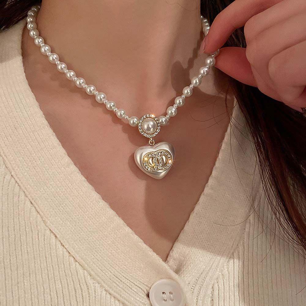 Mxbeauty Cinta Hati Anting Temperamen Geometris Wanita Mutiara Choker Gadis Gaya Korea Kalung