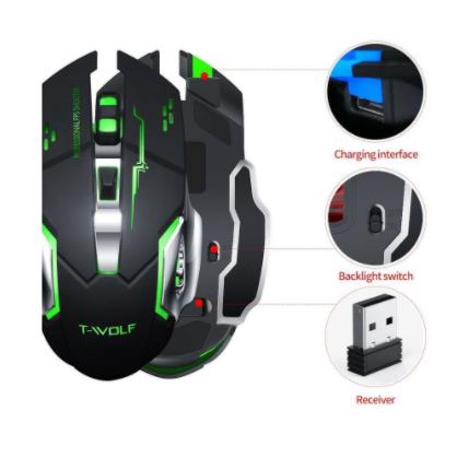 Mouse wireless gaming t-wolf usb 2.4ghz optical 2400dpi 6d rechargeable q-13 - twolf q13