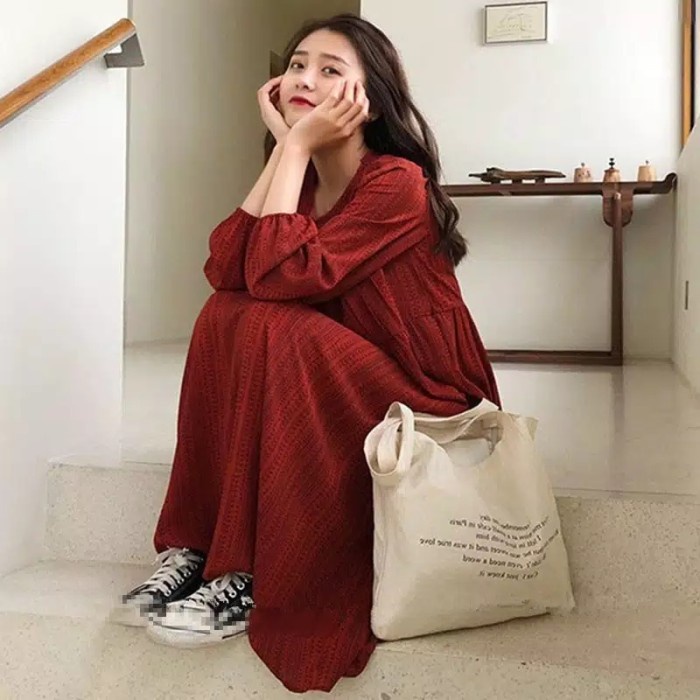 Dress Model korea Longgar Lengan Panjang Gaya Retro Untuk Wanita