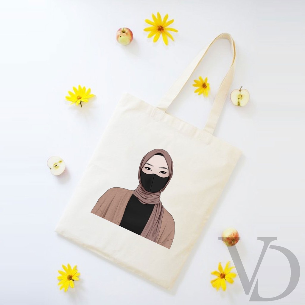 TOTE BAG BAHAN KANVAS MOOD CEWEK JILBAB / HIJAB/ AESTHETIC TOTE BAG / TAS BELANJA SYARI