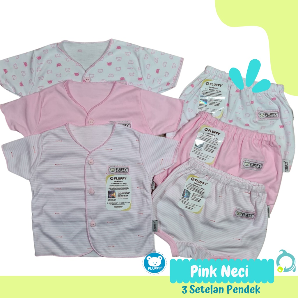 FLUFFY 3 Stelan Pendek Neci Motif Mix ( Abu | Khaki | Pink | Biru ) Size 0-3 Bulan (Newborn)