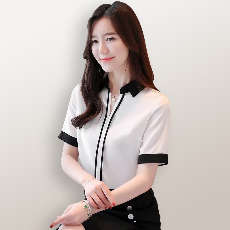 Blus lengan pendek wanita Gaya Korea variasi krah kemeja - XSHOP Renatta SS