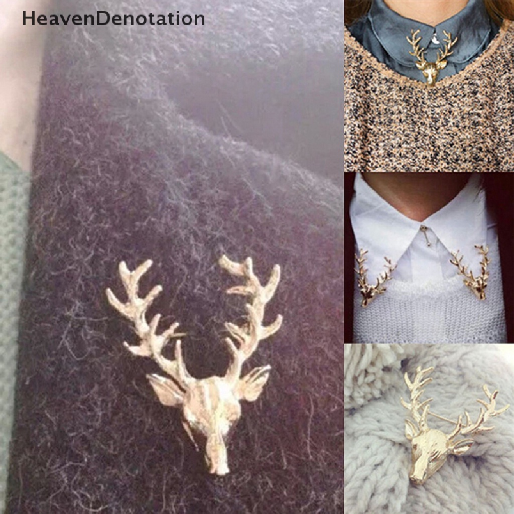 [HeavenDenotation] Unisex Animal Brooch Pin Cute Gold Plated Deer Antlers Head Collar Pins Brooches