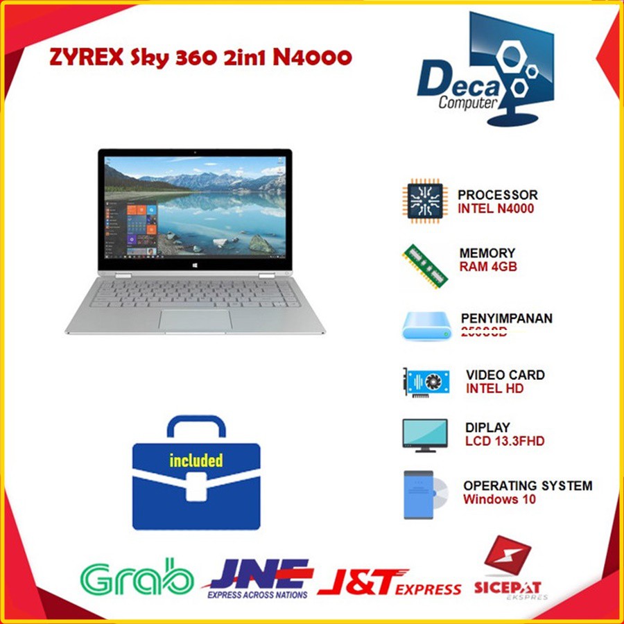 Laptop touchscreen 2 in 1 ZYREX Sky 360 2in1 intel celeron N4000 RAM 4GB + SSD 13.3 Inch windows 10 