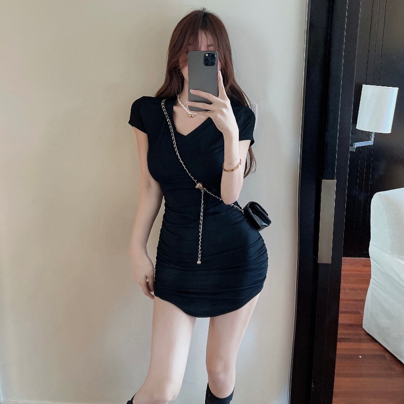 Mini Dress Rose Merah Pinggang Gaun Lengan Pendek Wanita Musim Panas Gadis Panas Seksi Temperamen Le