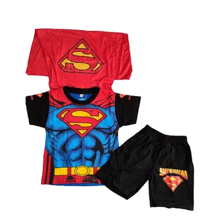 Setelan Superman Anak Laki-Laki Superhero Sayap Hitam Otot Baju Lengan Pendek