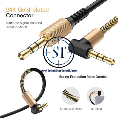 Kabel Audio AUX Spring 3.5mm Mini Stereo Male - Male Siku L Gold Plated 1.5 Meter Cable Cord Wire 90 degree Headphone
