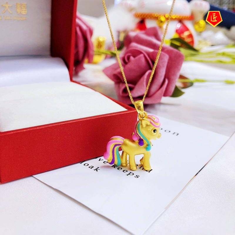 [Ready Stock]3D Gold Rainbow Horse Pendant Female Fashion Temperament