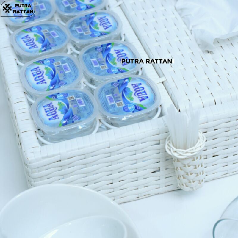 KERANJANG TEMPAT AQUA GELAS SET TISU BENTUK KOTAK BAHAN ROTAN SINTETIS