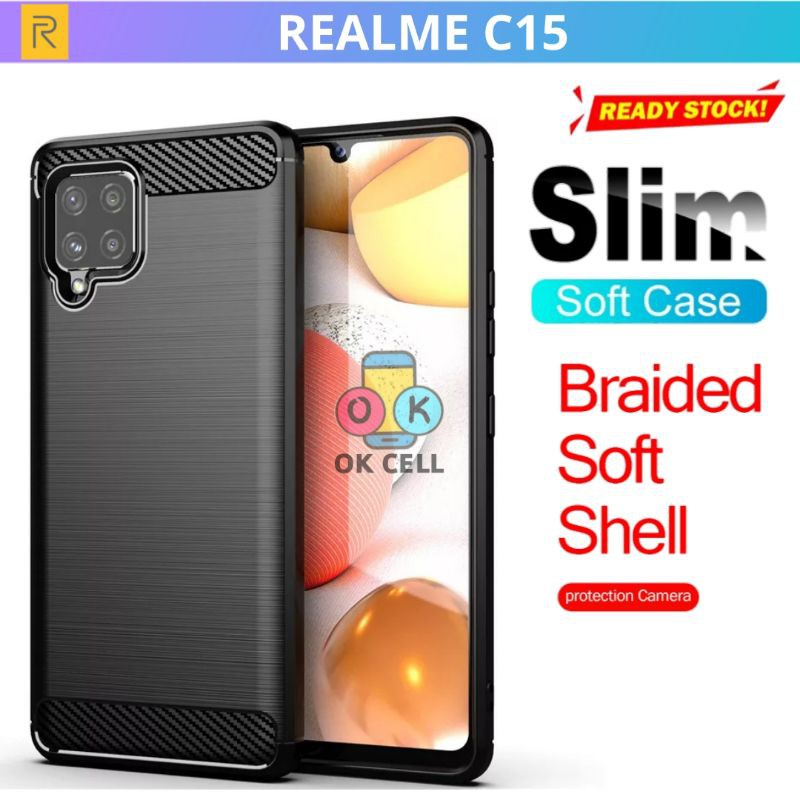 Softcase Case Slim Carbon Fiber Hitam Realme C15 - Casing Karbon Tpu Realmi C15 Back Cover Premium