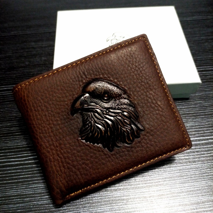 Dompet Kulit asli Pria logo Burung Elang Model tiga Dimensi