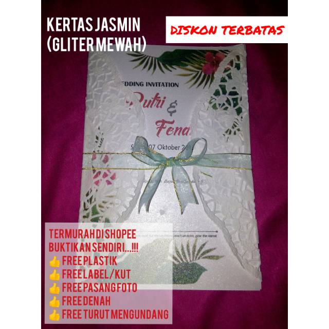 

Undangan Pernikahan Murah Pita Hijau Cantik Kertas Gliter Mewah Kertas Doily Banyak Bonusnya